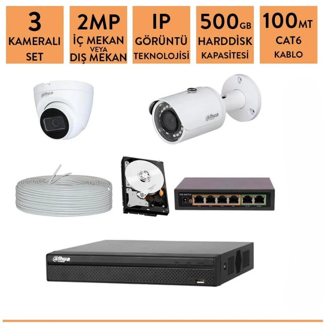 Dahua 2mp 3 Kameralı ip Kamera Sistemi