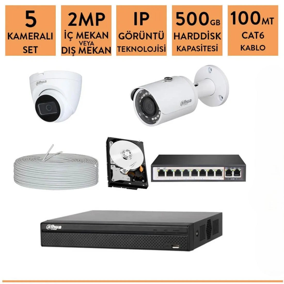 Dahua 2mp 5 Kameralı ip Kamera Sistemi